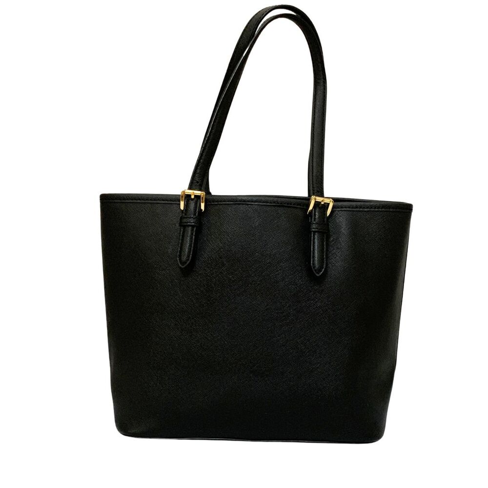 Michael Kors Black Saffiano Leather Tote Bag Gold Tone MK Charm Medium - Picture 10 of 13